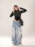 Joskaa American Street Washed Multi Pocket Jeans for Women Y2k High Waist Straight Trousers 2024 All-match New Loose Wide Leg Pants