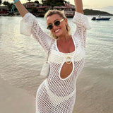 Joskaa Crochet Knit Maxi Beach Dress Women Sexy Split Hollow Out Bikini Cover Up Dress Summer White Long Sleeve Holiday Outfits 2024