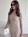 Black Friday Joskaa TARXUXY Long Sleeve Knitted Dress For Women Autumn Winter Slim Sexy Striped Sweater Long Dresses Female Elegant Party Clothes