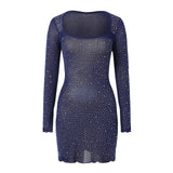 Joskaa Sparkly Glitter Mini Dress Square Neck Long Sleeve Perspective Mesh Elegant Cocktail Dresses For Women Party Wedding Plus Size