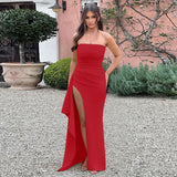 Joskaa Strapless High Stretch Backless Elegant Evening Party Dress Women Pleated Sexy Dress Long Bodycon Summer Dress Vestidos