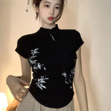 Joskaa Summer Cotton Short Sleeve Black T-shirts New Chinese Style Stand Collar Tee Shirt Y2k E-Girl Slim Fit All-match Tops Women