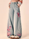 Joskaa American Retro Butterfly Embroidery Denim Pants Y2k High Waist Loose Jean for Women 2024 Summer New Straight Wide Leg