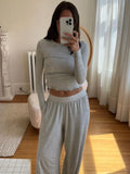 Back To School Joskaa Women Y2K 2 Pieces Pajama Set Long Sleeve Crop Tops + Elastic Wide Leg Pants for Loungewear Aesthetic Soft Sleepwear