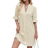 Joskaa Women Fashion Vacation Dress Solid Color Jacquard Five Point Sleeves V Neck Loose Dress For Women 2025 Casual Fall Below Knee