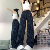 Joskaa Black Polka Dot Straight Jeans Women High-waisted Loose Wide Leg Pants Autumn Winter Fashion Korean Y2k Streetwear Long Trousers