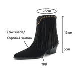 Joskaa NEW Autumn Women Boots Cow Suede Leather Shoes for Women Pointed Toe Chunky Heel Shoes Rivet Tassel Boots Slip-on Modern Boots