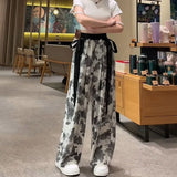 Joskaa New Chinese Style Calligraphy Pants 2024 Summer  Ice Silk Straight Trousers Y2k E-Girl High Waist Loose Wide Leg