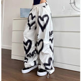 Joskaa Y2K Love Graffiti Wide Leg Pants Women High Waist Streetwear Loose Drawstring Jogging Trousers Female Korean Casual Sweatpants