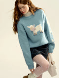 Black Friday Joskaa Blue Sheep Pattern Ribbed Sweater Bow Graphic Long Sleeve Knitwear Oversized Korean Fashion Winter Cutecore Pullovers