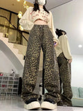 Joskaa Vintage Street Leopard Print Straight Jeans for Women Y2k High Waist All-match Denim Pants 2024 New Loose Wide Leg Pants