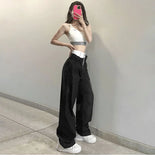 Joskaa American Vintage Black White Patchwork Pants Sexy Hot Drawstring High Waist Trousers Y2k Streetwear All-match Straight Bottoms