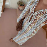 Joskaa Colorful Knitted Beach Dress Women Fashion Hollow Out Slim Bohemia Dress Summer Elegant Long Sleeve Bikini Cover Up Dress 2024