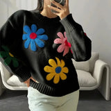 Black Friday Joskaa Crochet Flower Pullover Knitted Sweater Women's Fashion Loose Lantern Long Sleeve Embroidery Knit Top Streetwear Fashion