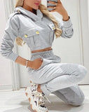 Casual Sports Style Pants Set Button Decoration Exposed Navel Cover Hooded Sweatshirt High Waisted Slim Fit Pocket Pants Set