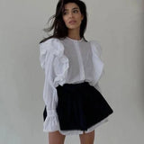 Black Friday Joskaa Ruffled Flare Sleeve Shirt Dress For Women With High Waisted Shorts Contrast Color Patchwork Mini Party Dress Autumn New