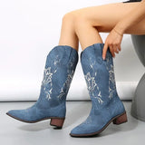 Joskaa Retro Pointy Toe Ankle Boots  Winter New Blue Canvas Denim Boots Women Casual Embroidered Western Cowboy Boots Botines Mujer