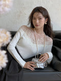 Black Friday Joskaa White Off Shoulder Knit Sweater Women Lace Transparent Mesh Long Sleeve Crop Pullovers Fairycore Aesthetics Clothes Chic