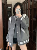 Black Friday Joskaa Grey Bomber Jacket Contrast Color Long Sleeve Coat Women Winter Jacket Korean Preppy Style Baseball Uniform Clothes Chic