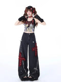 Joskaa Rock Punk Hole Straight Wide Leg Jeans for Women Y2k High Waist Loose   Pants 2024 New Embroidery  Trousers