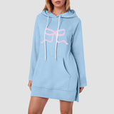 Joskaa Women'S Spring Hoodie Dress With Pocket Casual Solid Color Long Sleeved Bow Printed Pullover Sweatshirts For Women Loose Fit