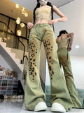 Joskaa American Retro Washed Leopard Print Denim Pants Y2k E-Girl High Waist Straight Trousers 2024 Sumemr New Bell Bottom Jeans