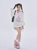 Black Friday Joskaa Anime Women Sweater Oversize Spider Web Mesh Long Sleeve Top Y2k Kawaii Rabbit Embroidery Korean Style Cutecore Clothes