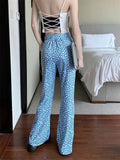 Joskaa Korean Summer Daisy Floral Print Blue Pants Y2k E-Girl High Waist Thin Flare  2024 New Loose Wide Leg  Women