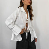 Black Friday Joskaa Hollow Out Lace Up White Cotton Linen Shirt Women's Long Sleeve Loose Casual Sexy Lapel Cardigan Top Female Summer new