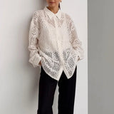 Black Friday Joskaa Retro Lace Hollow Shirt Office Woman Long Sleeve Top Loose Sexy See Through Lapel Button Shirt Female Fashion 2024 Fall