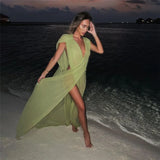 Joskaa Green Casual Loose Beach Dress Women Sexy See Through Irregular Holiday Dresses Summer High Split Bikini Cover Up Dress 2024