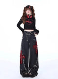 Joskaa Rock Punk Hole Straight Wide Leg Jeans for Women Y2k High Waist Loose   Pants 2024 New Embroidery  Trousers