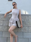 Black Friday Joskaa Slim Frill Tank Mini Dress For Women Summer New Party Club Vestido Sexy Sleeveless Patchwork Dresses Lady Pullover Solid