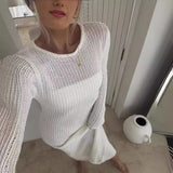 Joskaa White Knitted Beach Dress Women Fashion Hollow Out Slim Long Sleeve Holiday Dresses Summer Sexy See Through Bikini Cover Up 2024