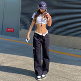 Back To School Joskaa Women Y2K Grunge Vintage Casual Cargo Pants Low Waist Patchwork Straight-leg Trousers with Multiple Pockets