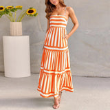 Joskaa Women Dresses Summer Spaghetti Straps Maxi Dress Fashion Casual Stripe Printed Sleeveless With Pocket Sexy Long Dress For Junior