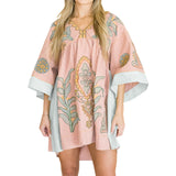 Joskaa Women Casual Dress Oversized V Neck 3/4 Sleeve Loose A Line Retro Bohemian Embroidered Mini Dress For Women Holidays Vestidos