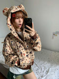 Black Friday Joskaa American Retro Funny Bear Ears Hooded Kawaii Dog Print Zip Up Sweatshirt Women Autumn Cutecore Zipper Cropped Clothes