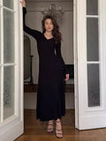 Black Friday Joskaa Retro V Neck Knitted Dress For Women 2024 Autumn Winter Rib Sweater Long Dress Elegant Bodycon Flare Sleeve Clothes Lady