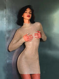 Black Friday Joskaa Glitter Mesh See Through Dress For Women Fashion Long Sleeve Slim Fit Sexy Beach Party Cover Up Mini Dresses Female New