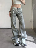 Joskaa American Street Silver White Jeans for Women Y2k E-Girl Low-waisted Denim Pants Spring Summer New Loose Wide Leg