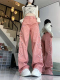 Joskaa American Retro Star Embroidery Pink Jeans for Women Y2k E-Girl High Waist Denim Pants 2024 Summer New Loose Wide Leg