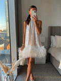 Back To School Joskaa Elegant White Sequins Feather Hem Mini Dress Women Sexy Off Shoulder Loose Halter Dresses 2024 New Shiny Female Party Vestidos