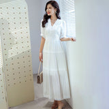 Joskaa-Lace Elegant Women's Dress Spring Hollow Button V Neck Lantern Sleeve White Long Dresses Boho Casual Holiday Vestidos