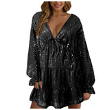 Joskaa Women'S Elegant Dresses Medium Length Wrap V Neck Long Sleeve Flowing Club Cocktail Dress Oversized Sequin Sparkly Dress