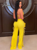 Joskaa Solid Color Bikini Tops and Hollow Out Bandage Flare Pants Two Piece Set Women Clothing Summer 2024 Sexy Club Outfits