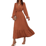 Joskaa Women Long Sleeve Maxi Dresses Casual V Neck Dot Tiered Flowy A Line Wedding Guest Temperament Tunic Dresses For Women 2025 Fall