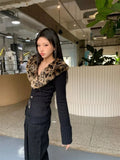 Joskaa American V-neck Leopard Print Fur Collar Cardigan Autumn Winter New Sweaters Coat Women Y2k Slim Fit Long Sleeve Tops Mujer