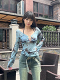 Joskaa American Style Blue Tie Dye Mesh Print T-shirts Sexy Slim Fit Hollow Out Tee Shirt Y2k Long Sleeve Sun Protection Tops Women