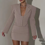 Black Friday Joskaa Fall New Mini Skirt Suit Long Sleeve Lapel Fishbone Top Hip-Covering Skirt Sexy Bodycon Two-Piece Commuting Sets Female